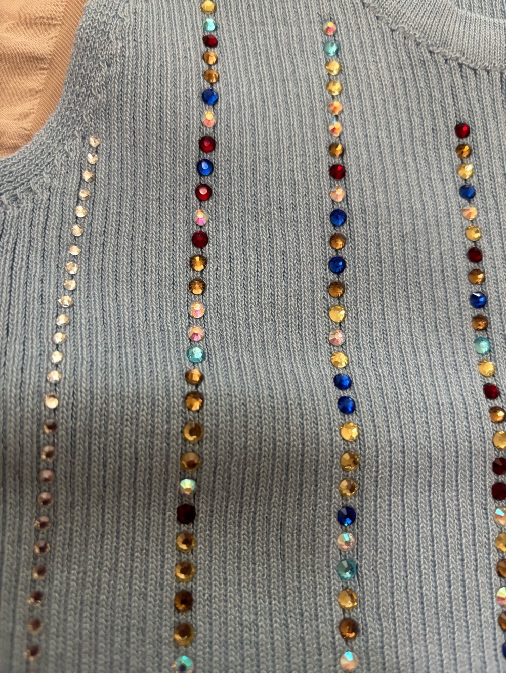 Y2K Light Blue Ribbed Knit Tank Top Multicolor Rhinestones - Picture 7 of 7